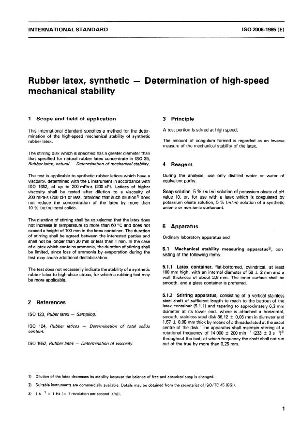ISO 2006:1985 - Rubber latex, synthetic -- Determination of high-speed mechanical stability