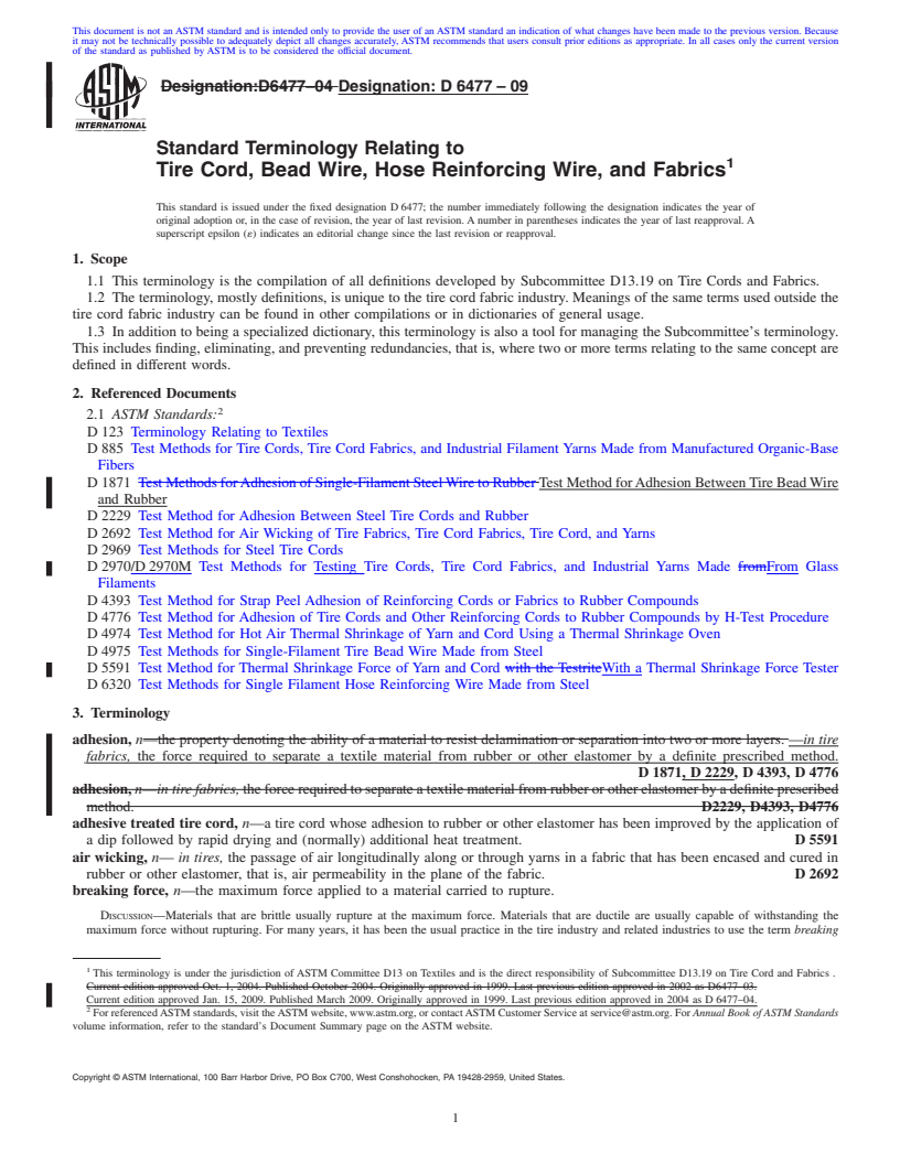 REDLINE ASTM D6477-09 - Standard Terminology Relating to Tire Cord, Bead Wire, Hose Reinforcing Wire, and Fabrics