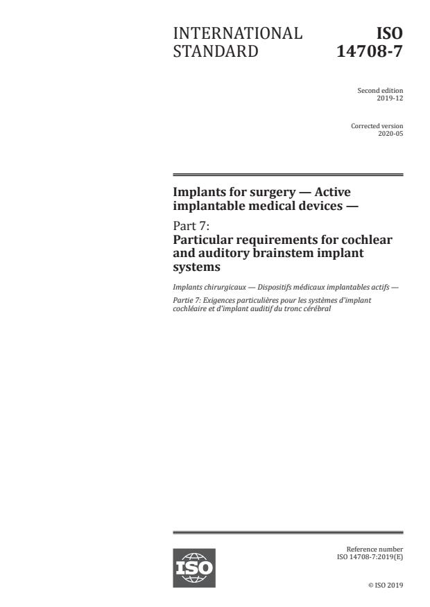 ISO 14708-7:2019 - Implants for surgery -- Active implantable medical devices