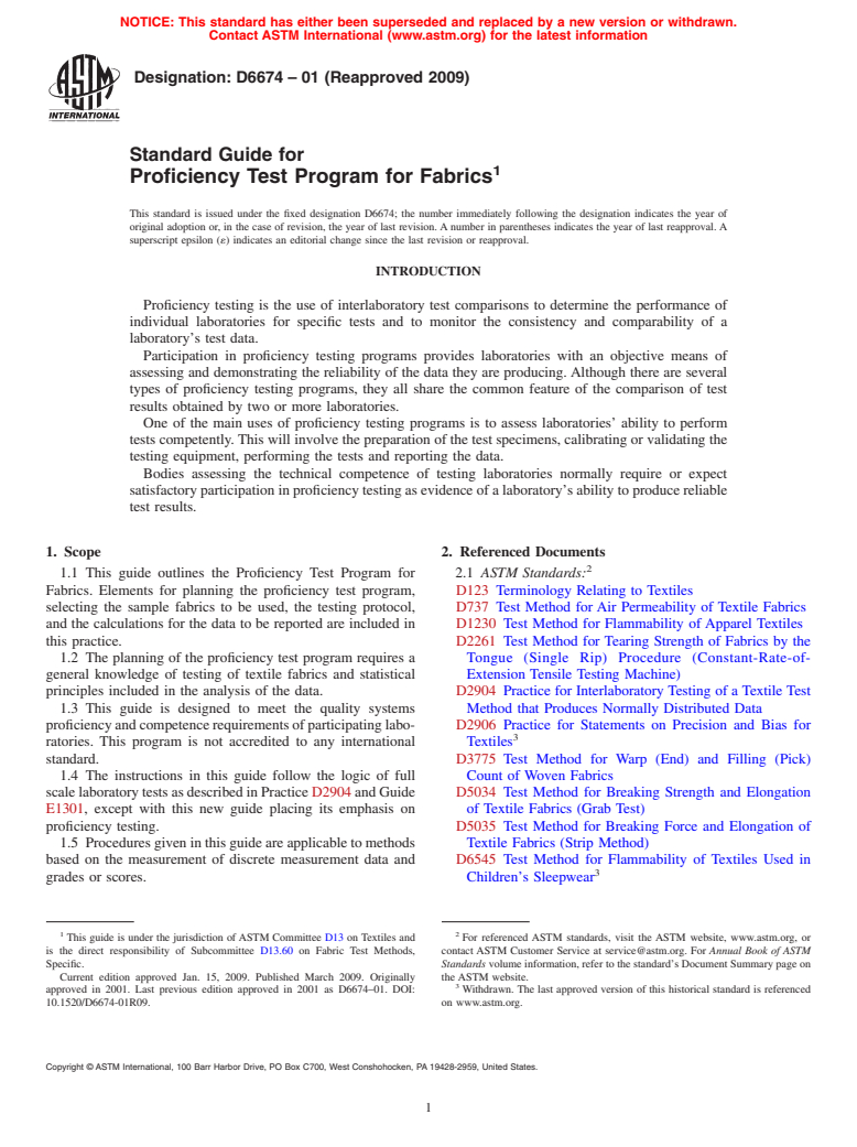 ASTM D6674-01(2009) - Standard Guide for Proficiency Test Program for Fabrics