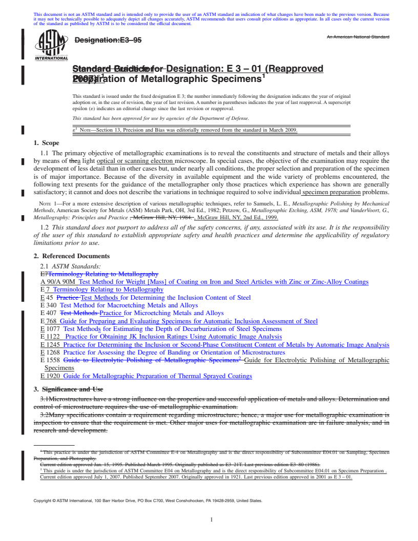 REDLINE ASTM E3-01(2007)e1 - Standard Guide for Preparation of Metallographic Specimens