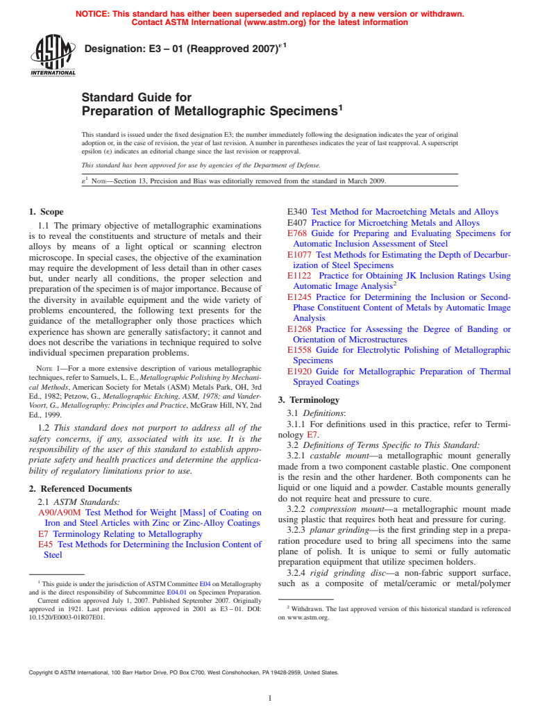 ASTM E3-01(2007)e1 - Standard Guide for Preparation of Metallographic Specimens