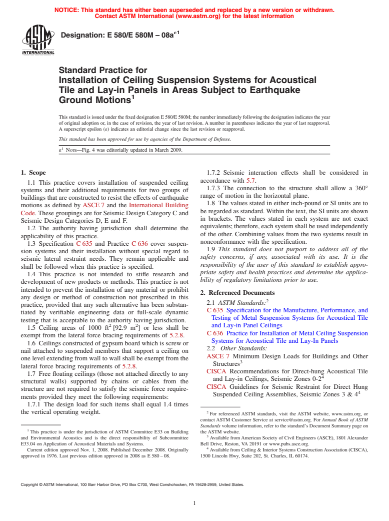 ASTM E580/E580M-08ae1 - Standard Practice for  Installation of Ceiling Suspension Systems for Acoustical Tile and Lay-in Panels in Areas Subject to Earthquake Ground Motions