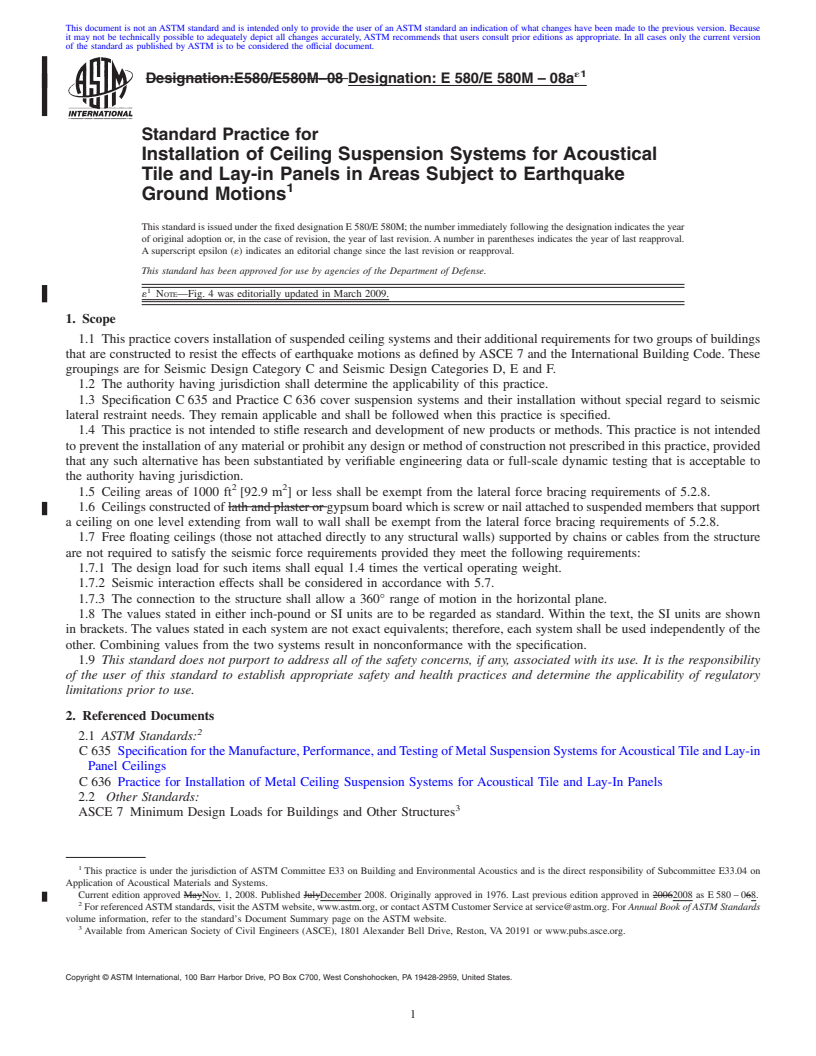 REDLINE ASTM E580/E580M-08ae1 - Standard Practice for  Installation of Ceiling Suspension Systems for Acoustical Tile and Lay-in Panels in Areas Subject to Earthquake Ground Motions