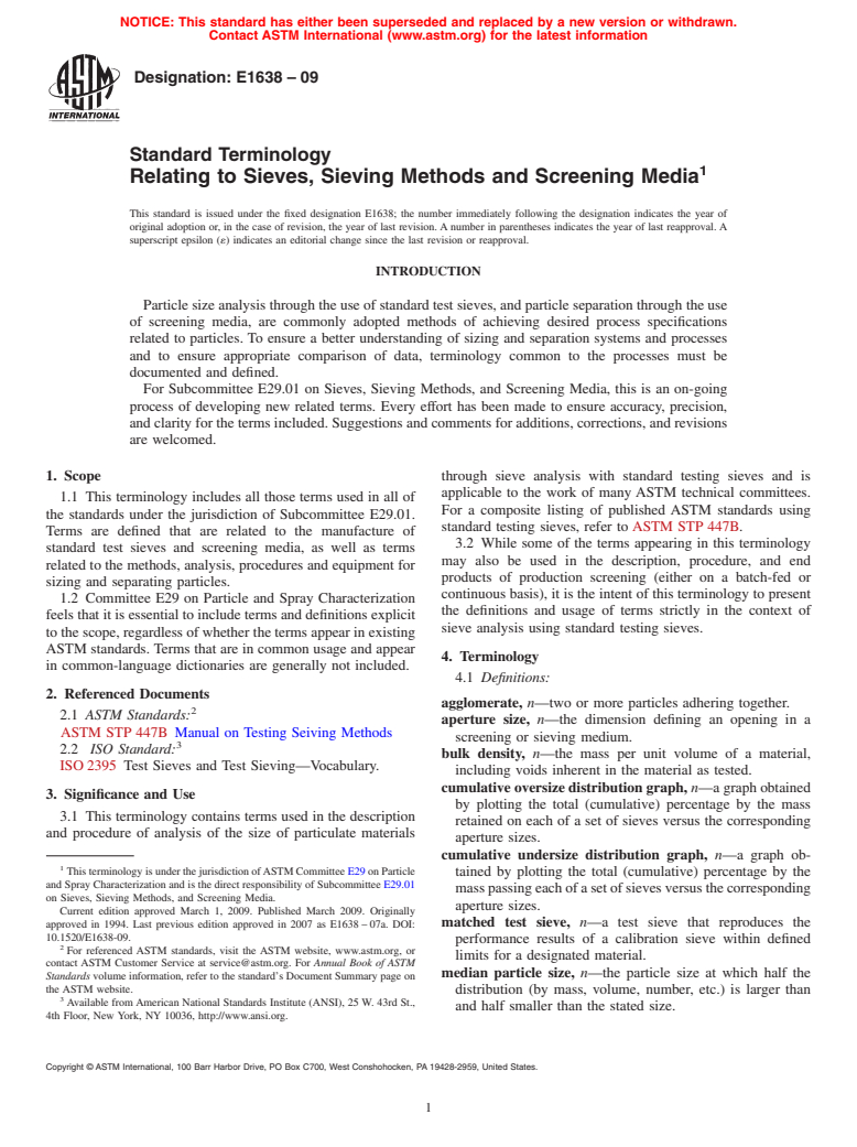 ASTM E1638-09 - Standard Terminology Relating to Sieves, Sieving Methods and Screening Media
