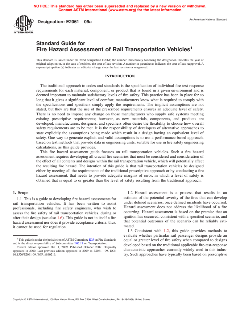 ASTM E2061-09 - Standard Guide for Fire Hazard Assessment of Rail Transportation Vehicles