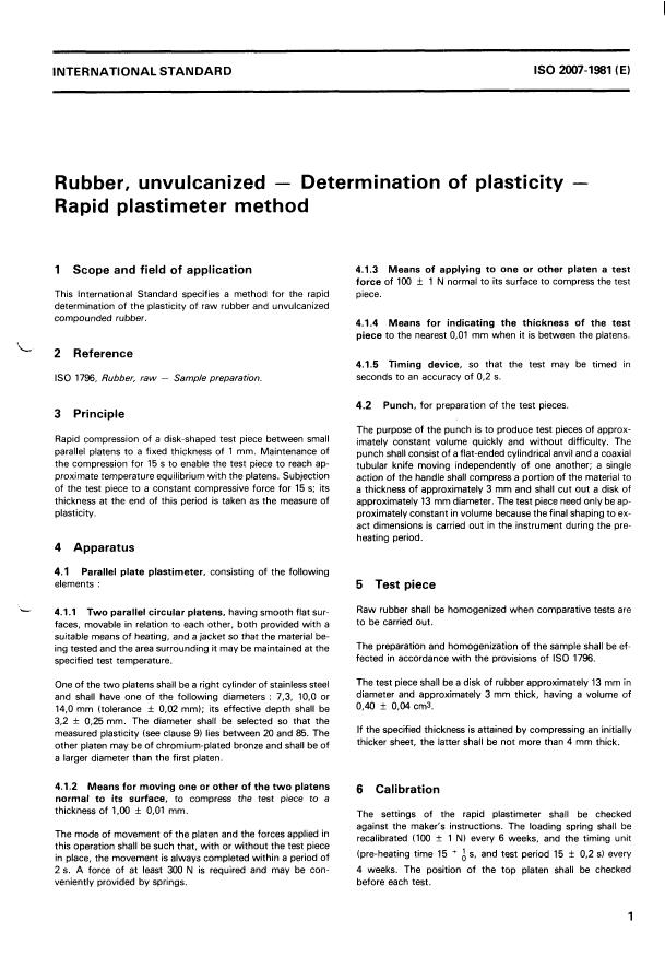 ISO 2007:1981 - Rubber, unvulcanized -- Determination of plasticity -- Rapid plastimeter method