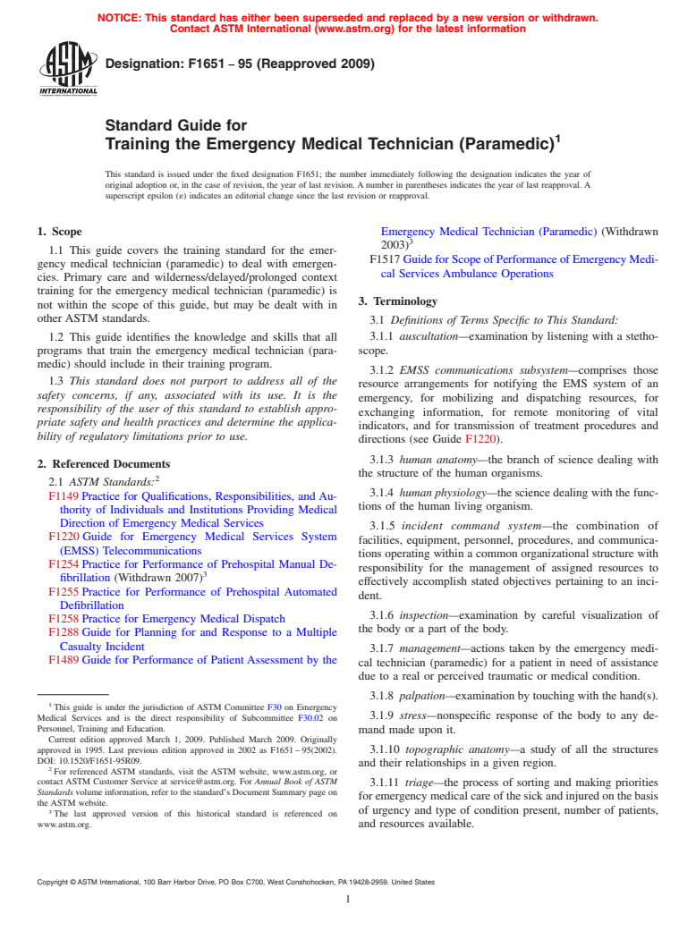 ASTM F1651-95(2009) - Standard Guide for Training the Emergency Medical Technician (Paramedic) (Withdrawn 2018)
