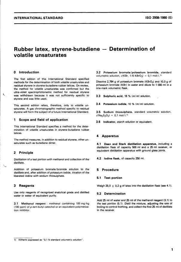 ISO 2008:1980 - Rubber latex, styrene-butadiene -- Determination of volatile unsaturates