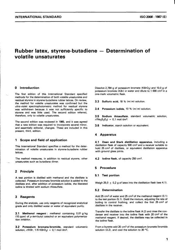 ISO 2008:1987 - Rubber latex, styrene-butadiene -- Determination of volatile unsaturates