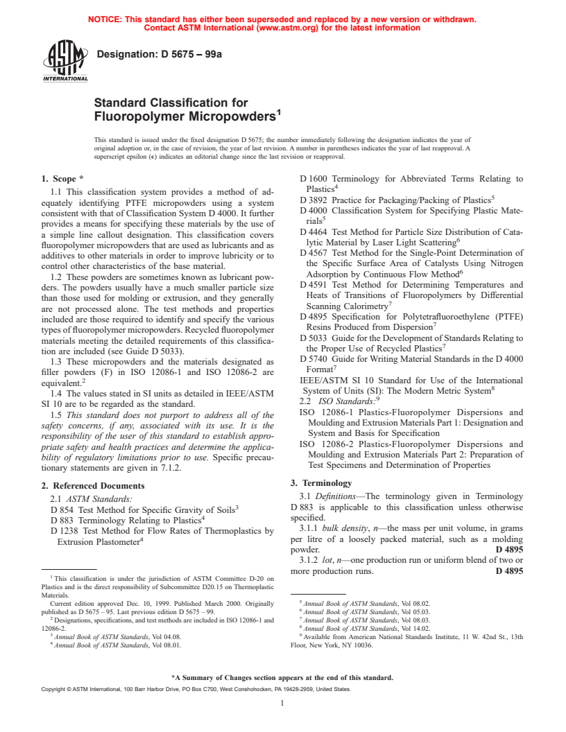 ASTM D5675-99a - Standard Specification for Fluoropolymer Micropowders