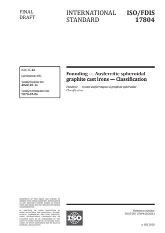 ISO 17804:2020 - Founding -- Ausferritic spheroidal graphite cast irons -- Classification
