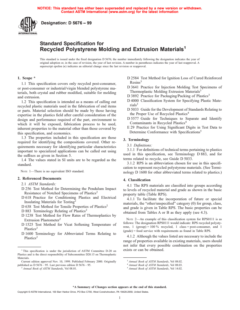 ASTM D5676-99 - Standard Specification for Recycled Polystyrene Molding and Extrusion Materials (Withdrawn 2004)