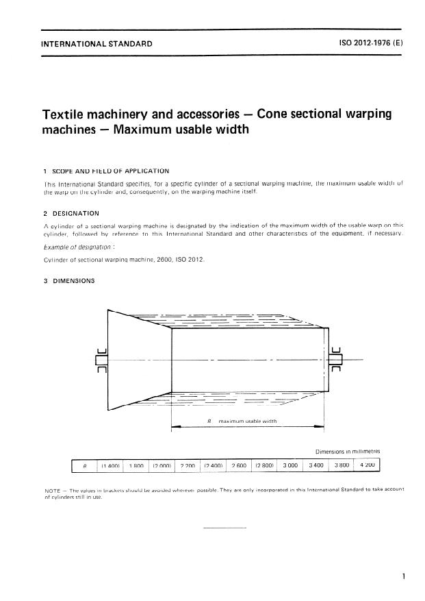 ISO 2012:1976 - Textile machinery and accessories -- Cone sectional warping machines -- Maximum usable width
