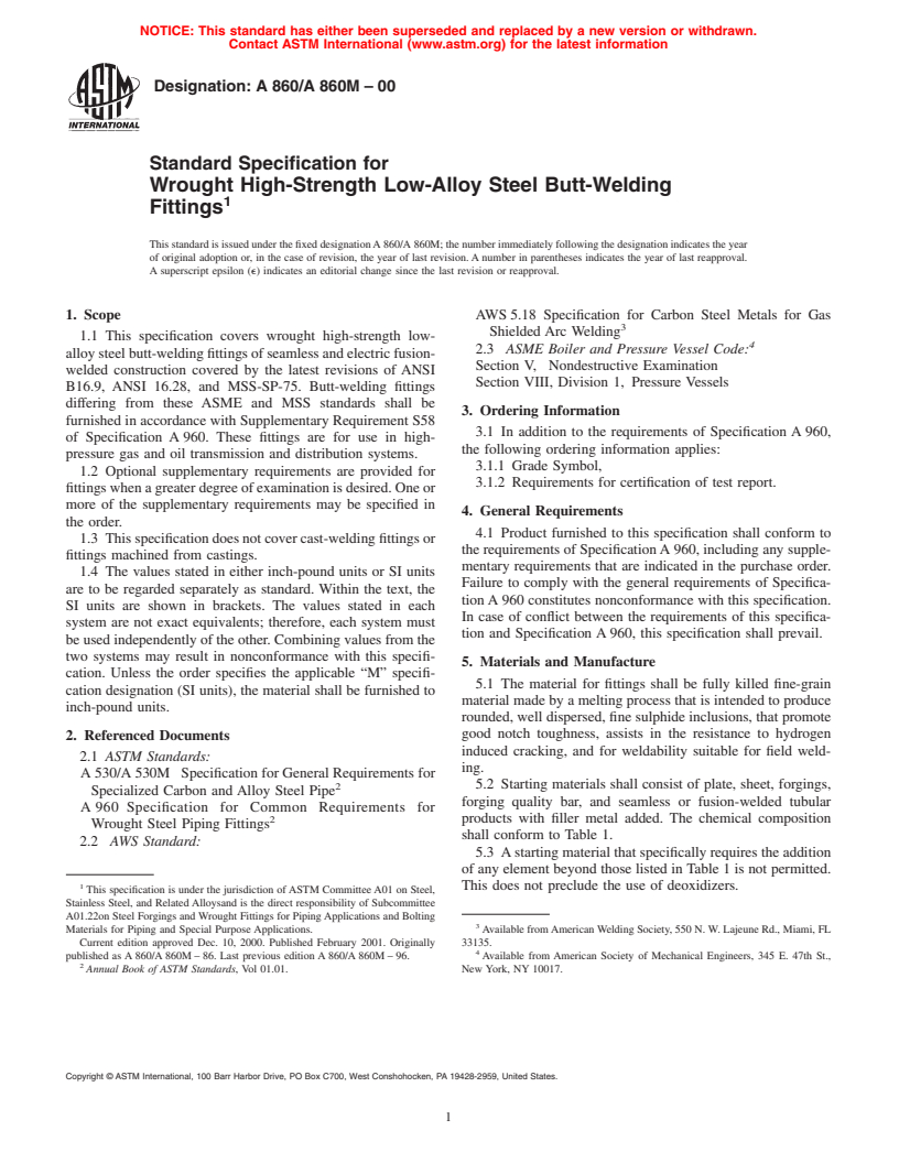 ASTM A860/A860M-00 - Standard Specification for Wrought High-Strength Low-Alloy Steel Butt-Welding Fittings