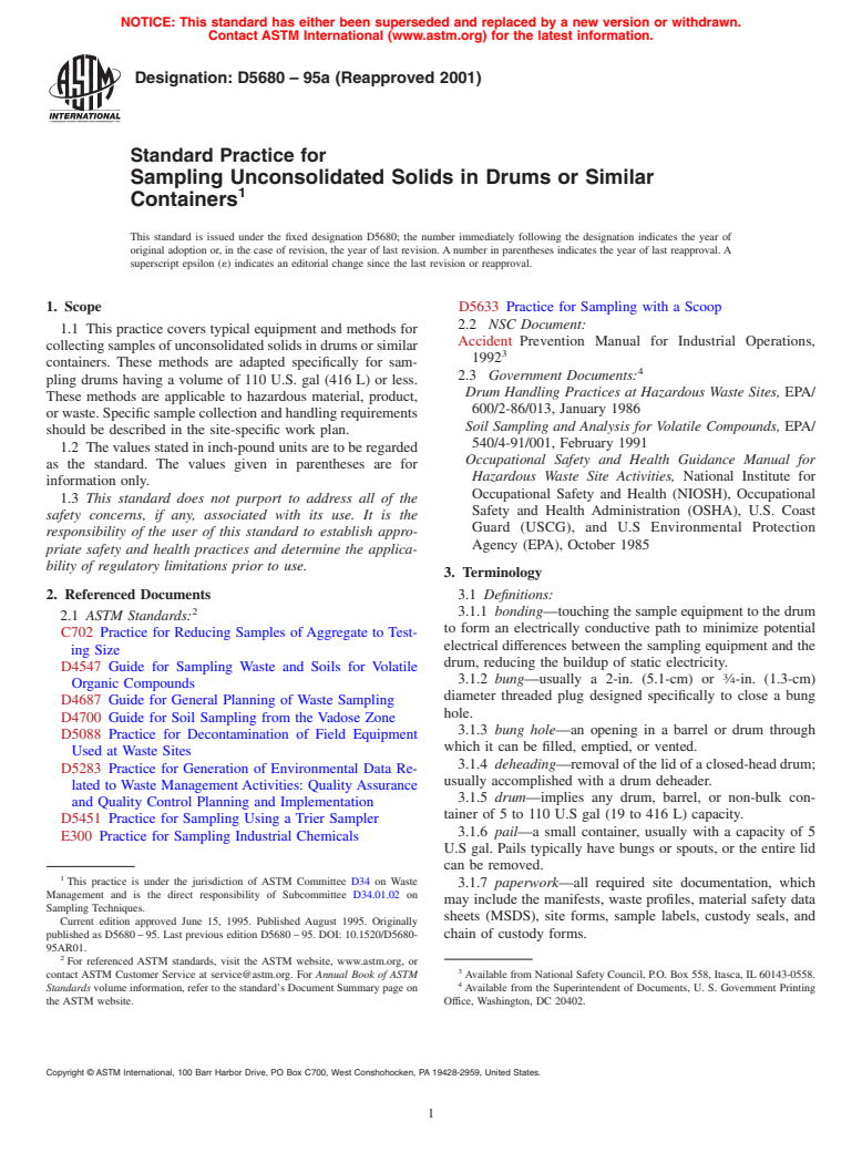 ASTM D5680-95a(2001) - Standard Practice for Sampling Unconsolidated Solids in Drums or Similar Containers