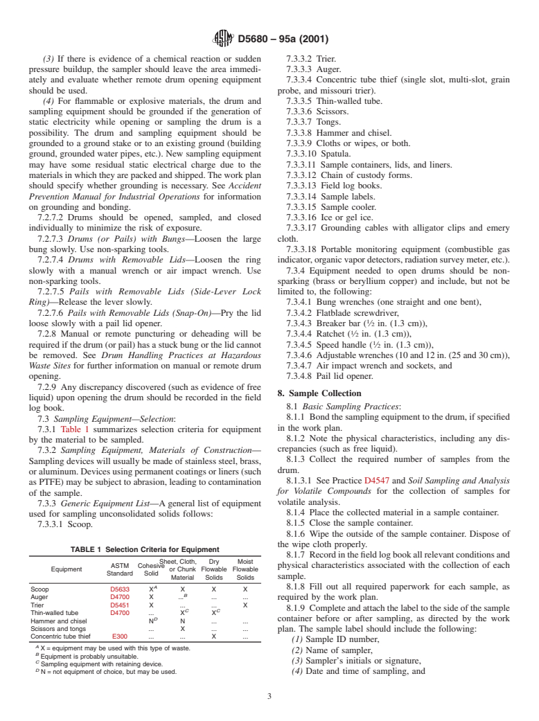 ASTM D5680-95a(2001) - Standard Practice for Sampling Unconsolidated Solids in Drums or Similar Containers