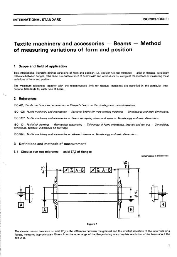 ISO 2013:1983 - Textile machinery and accessories -- Beams -- Method of measuring variations of form and position