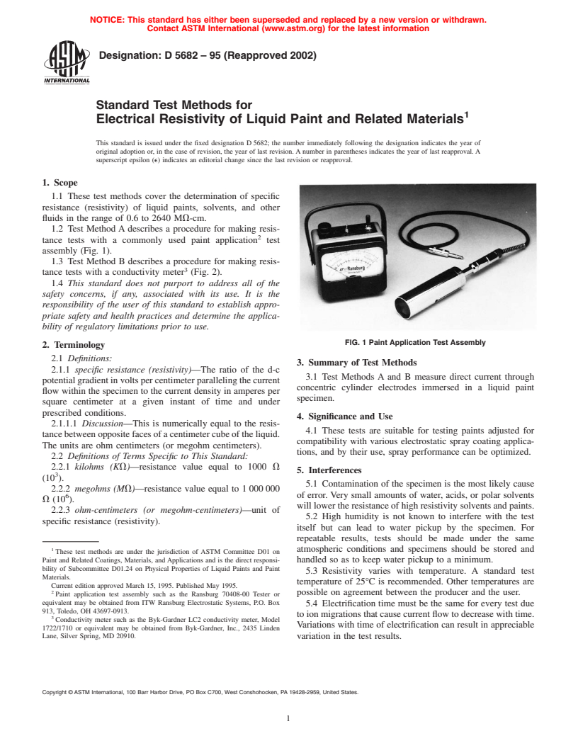 ASTM D5682-95(2002) - Standard Test Methods for Electrical Resistivity of Liquid Paint and Related Materials