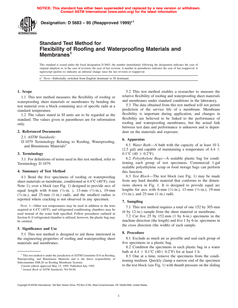 ASTM D5683-95(1999)e1 - Standard Test Method for Flexibility of Roofing and Waterproofing Materials and Membranes