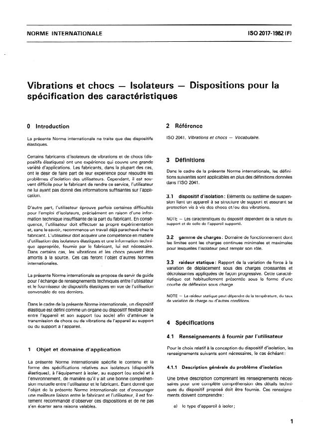 ISO 2017:1982 - Vibrations et chocs -- Isolateurs -- Dispositions pour la spécification des caractéristiques