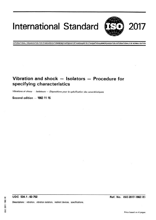 ISO 2017:1982 - Vibration and shock -- Isolators -- Procedure for specifying characteristics
