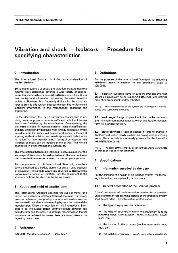 ISO 2017:1982 - Vibration and shock -- Isolators -- Procedure for specifying characteristics