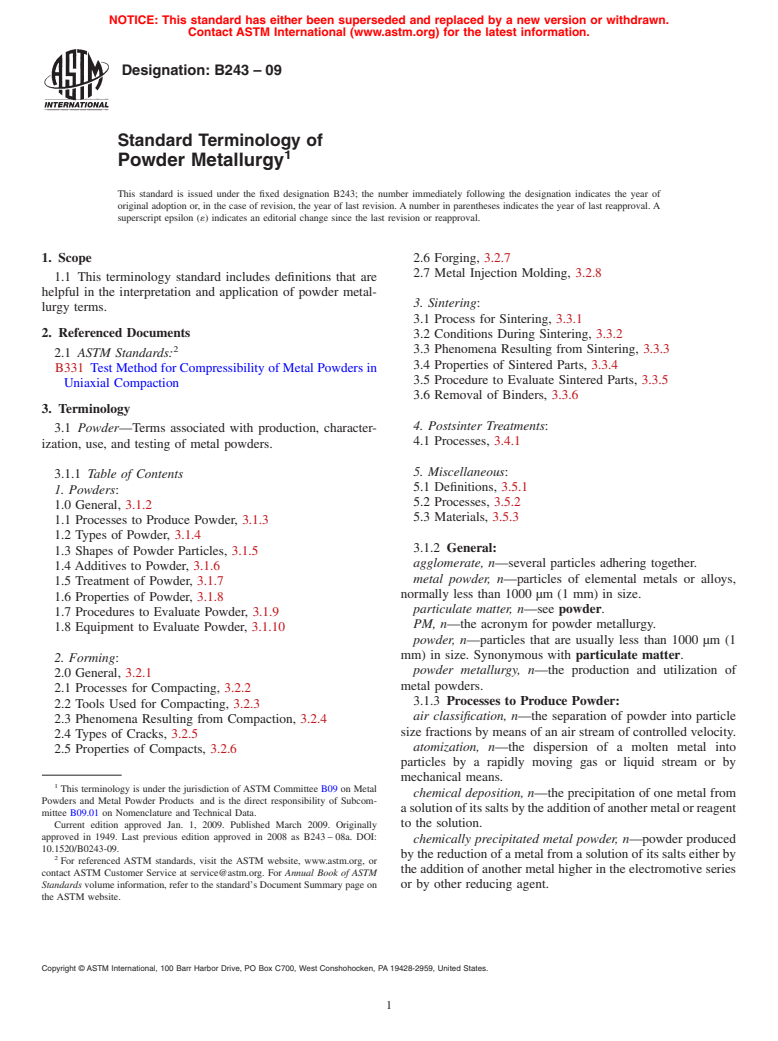 ASTM B243-09 - Standard Terminology of  Powder Metallurgy