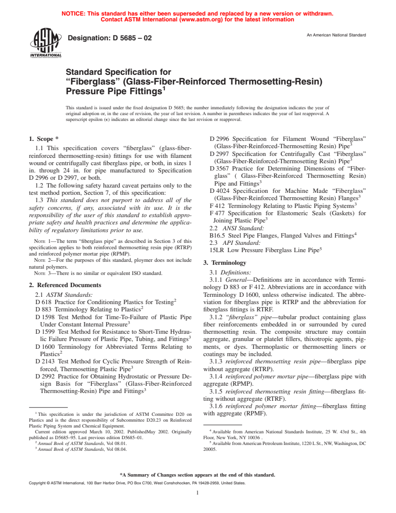 ASTM D5685-02 - Standard Specification for "Fiberglass" (Glass-Fiber-Reinforced Thermosetting-Resin) Pressure Pipe Fittings