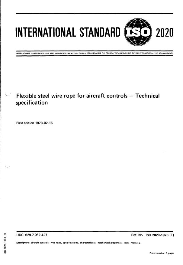 ISO 2020:1973 - Flexible steel wire rope for aircraft controls -- Technical specification