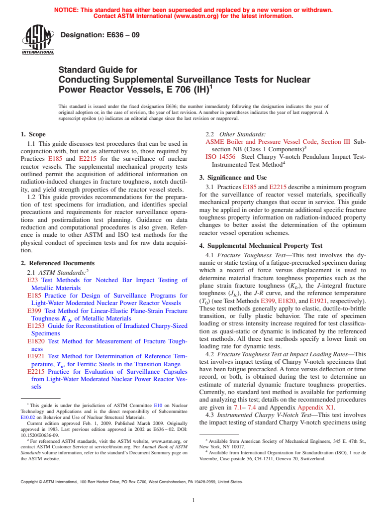 ASTM E636-09 - Standard Guide for Conducting Supplemental Surveillance Tests for Nuclear Power Reactor Vessels, E 706 (IH)