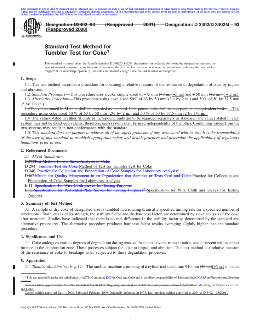 REDLINE ASTM D3402/D3402M-93(2008) - Standard Test Method for Tumbler Test for Coke