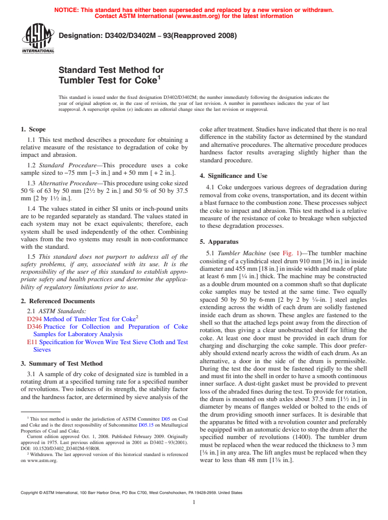 ASTM D3402/D3402M-93(2008) - Standard Test Method for Tumbler Test for Coke