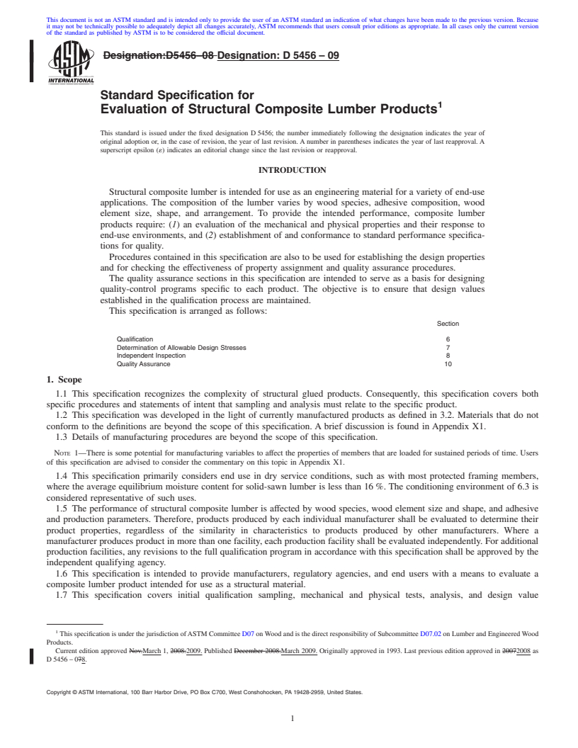 REDLINE ASTM D5456-09 - Standard Specification for Evaluation of Structural Composite Lumber Products