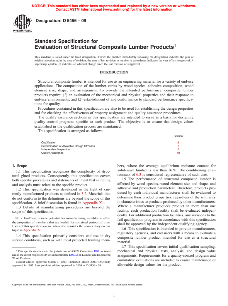 ASTM D5456-09 - Standard Specification for Evaluation of Structural Composite Lumber Products