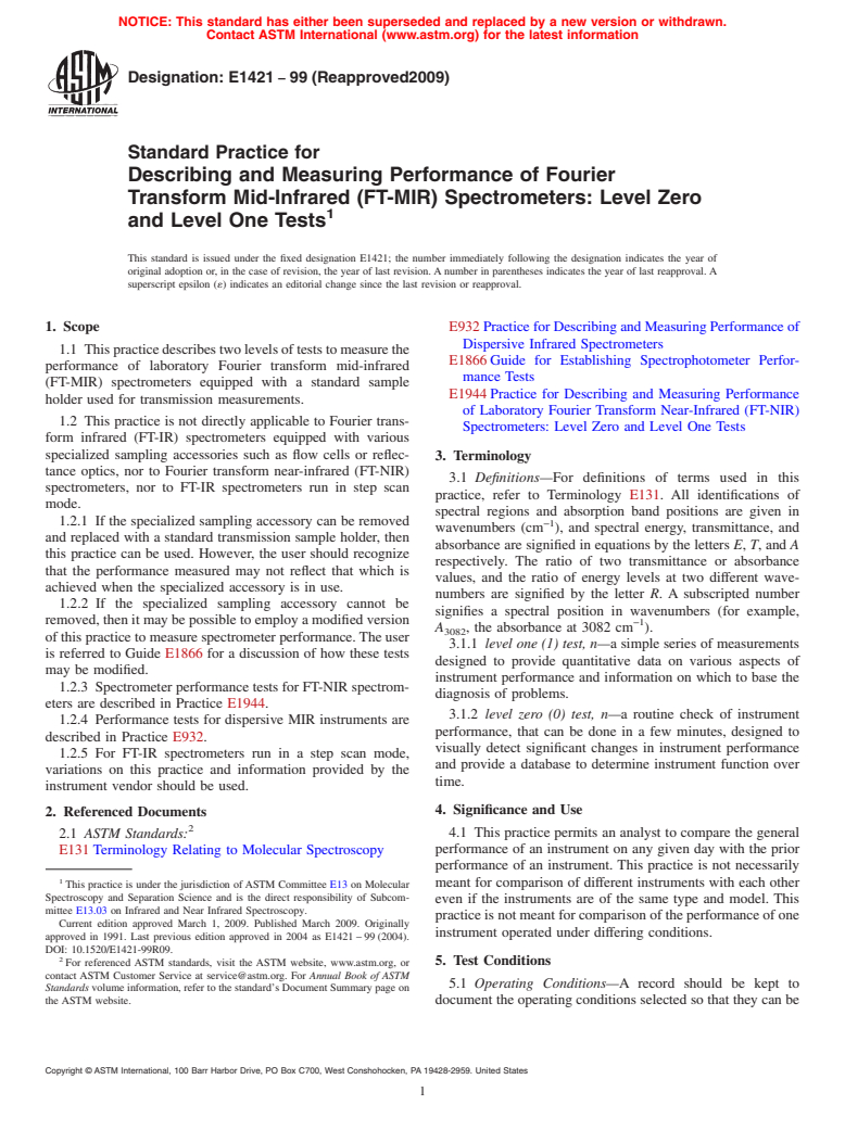 ASTM E1421-99(2009) - Standard Practice for Describing and Measuring Performance of Fourier Transform Mid-Infrared (FT-MIR) Spectrometers: Level Zero and Level One Tests