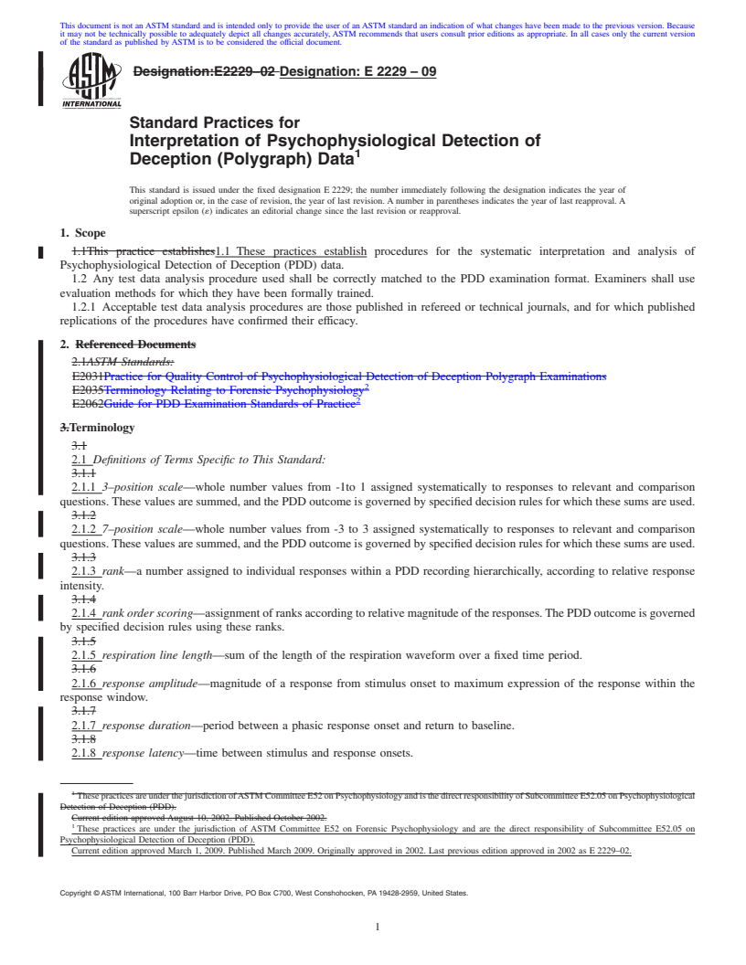 REDLINE ASTM E2229-09 - Standard Practices for Interpretation of Psychophysiological Detection of Deception (Polygraph) Data