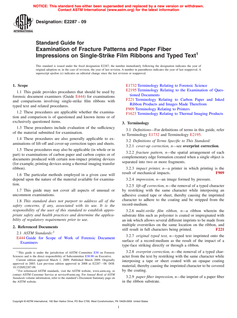 ASTM E2287-09 - Standard Guide for Examination of Fracture Patterns and Paper Fiber Impressions on Single-Strike Film Ribbons and Typed Text (Withdrawn 2018)