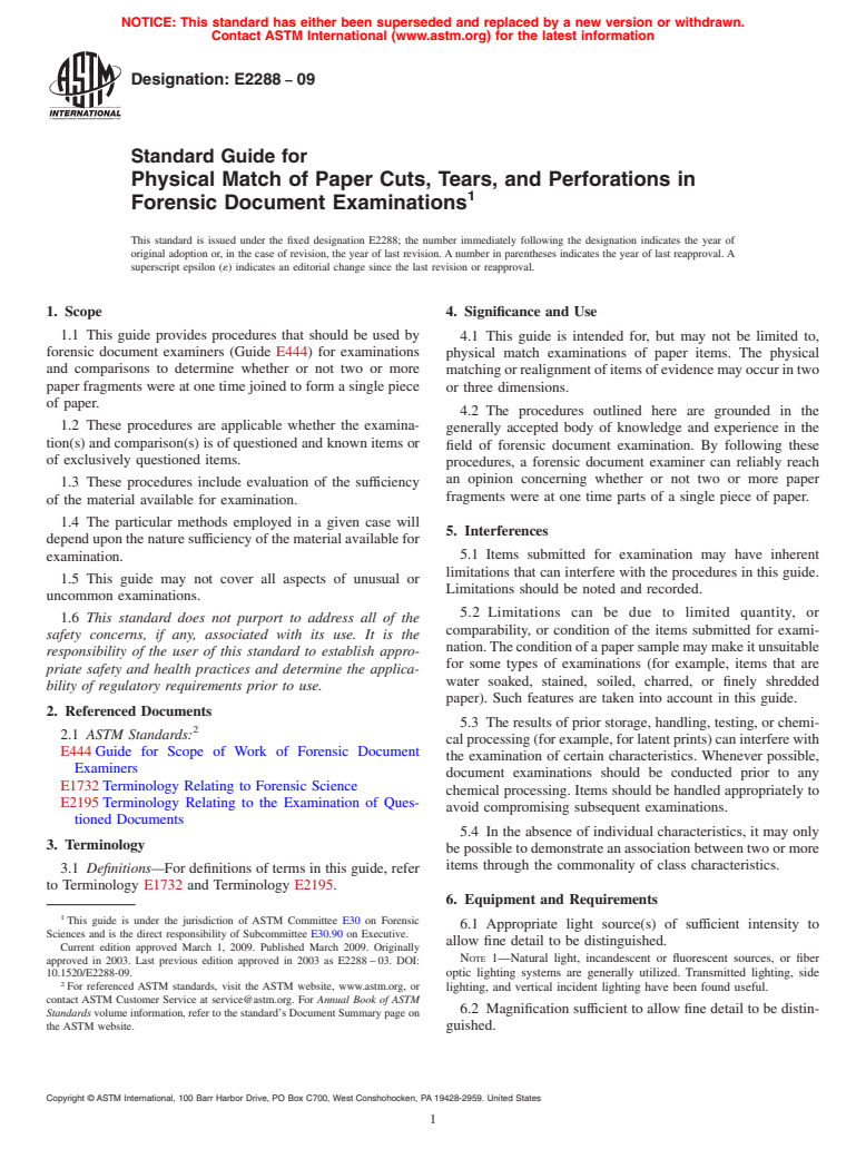 ASTM E2288-09 - Standard Guide for Physical Match of Paper Cuts, Tears, and Perforations in Forensic Document Examinations (Withdrawn 2018)