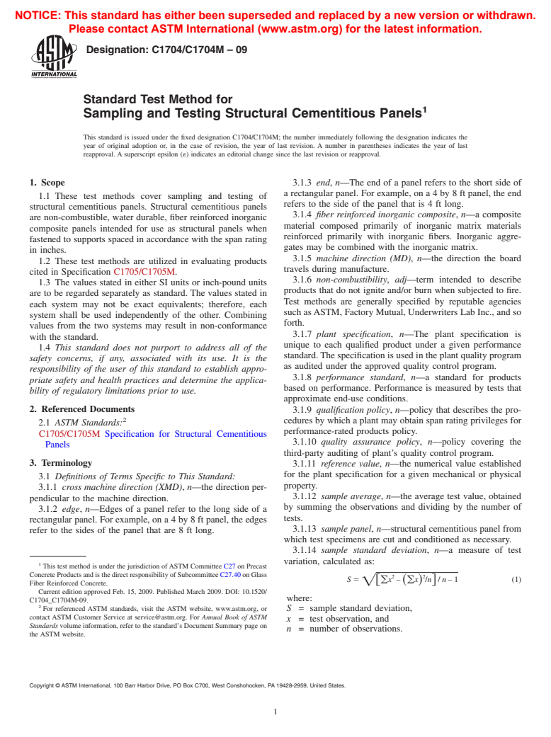 ASTM C1704/C1704M-09 - Standard Test Method for Sampling and Testing Structural Cementitious Panels