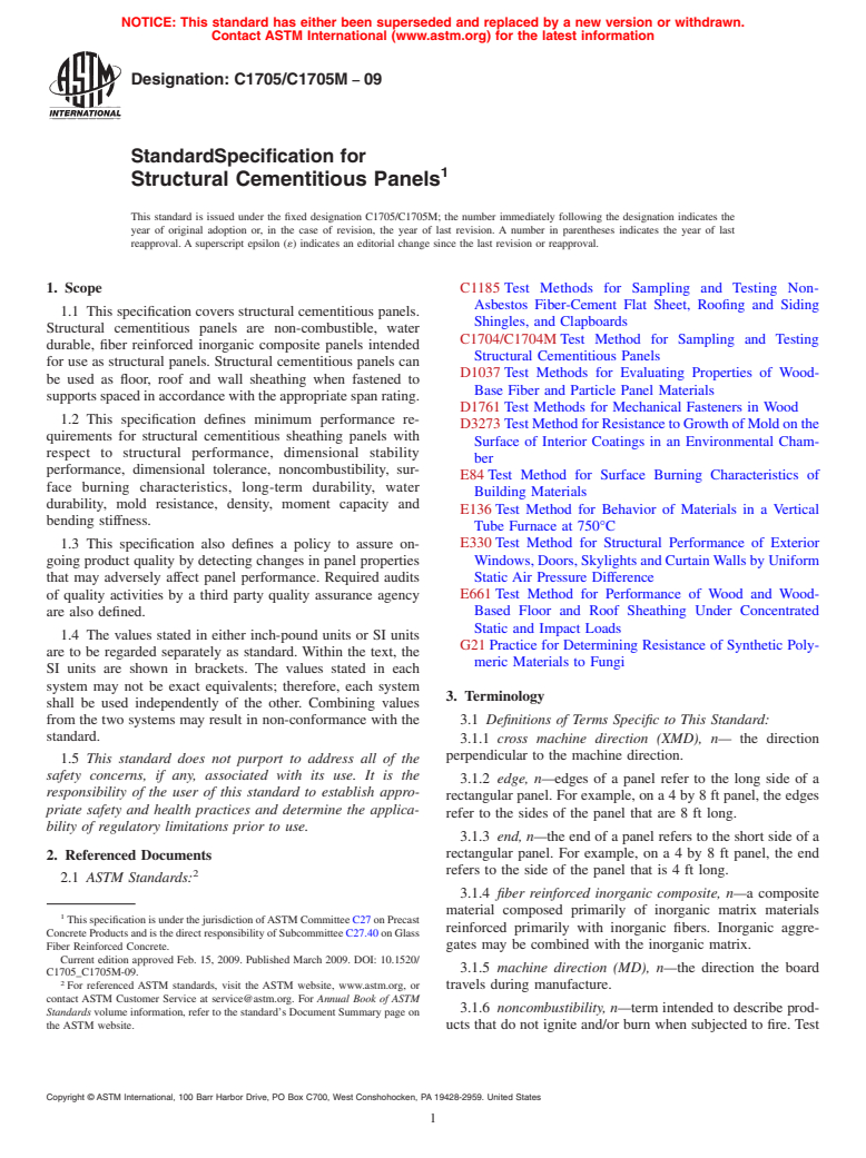 ASTM C1705/C1705M-09 - Standard Specification for Structural Cementitious Panels