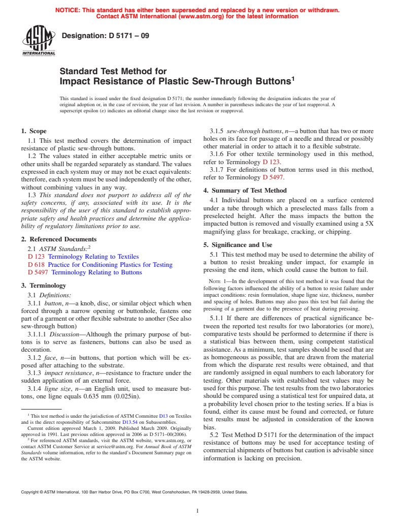 ASTM D5171-09 - Standard Test Method for Impact Resistance of Plastic Sew-Through Buttons