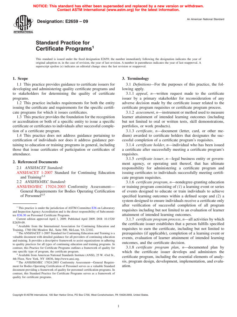 ASTM E2659-09 - Standard Practice for Certificate Programs