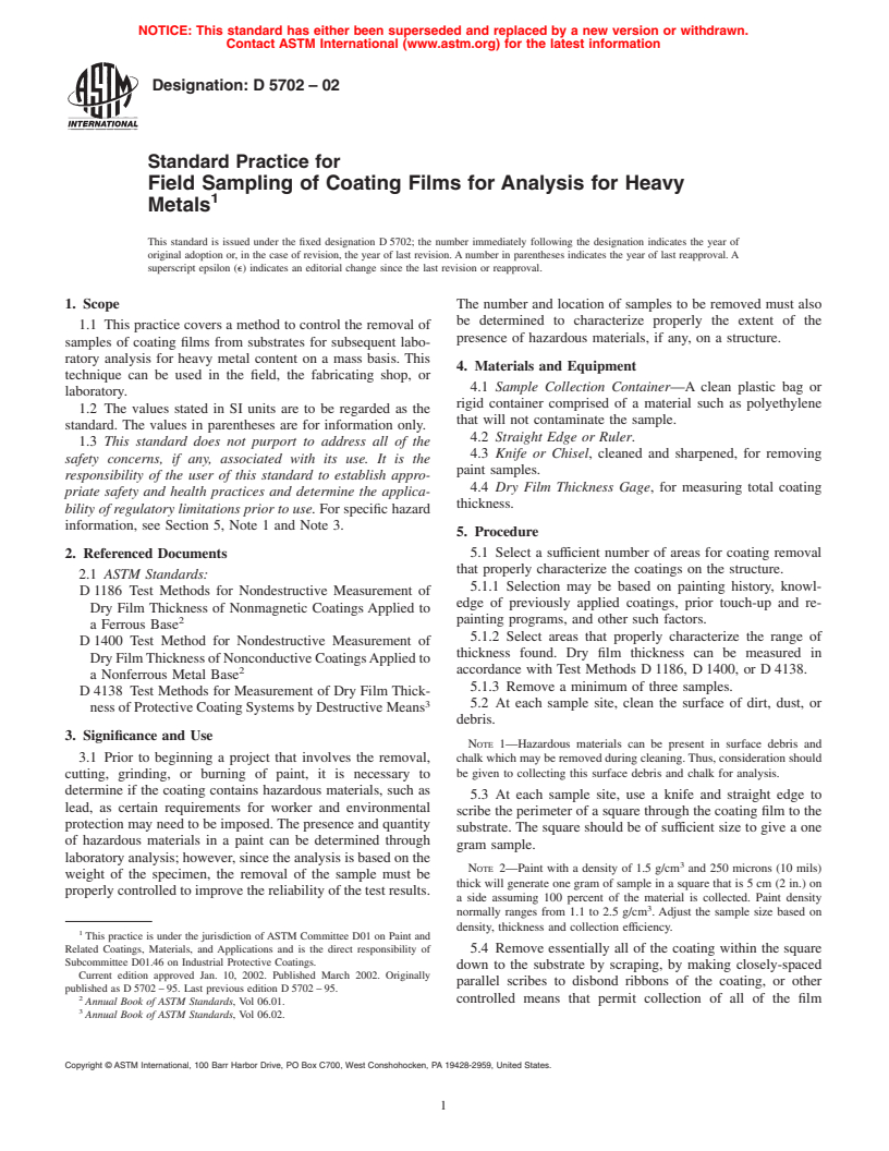 ASTM D5702-02 - Standard Practice for Field Sampling of Coating Films for Analysis for Heavy Metals