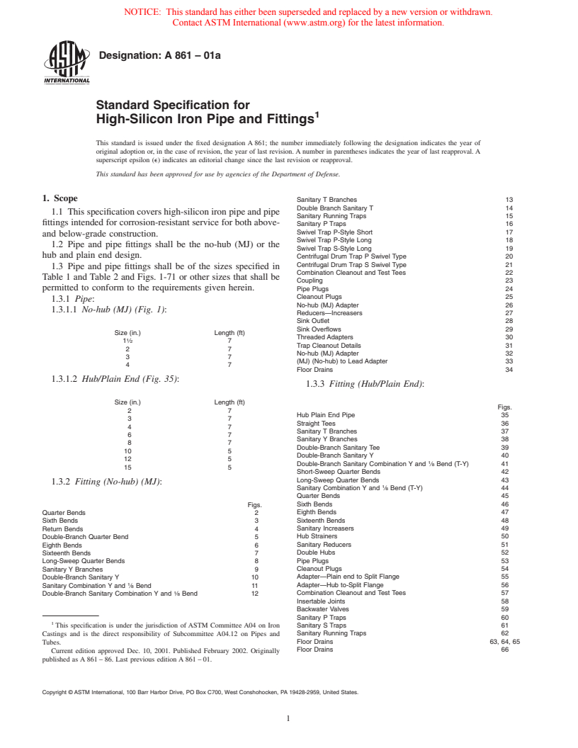 ASTM A861-01a - Standard Specification for High-Silicon Iron Pipe and Fittings