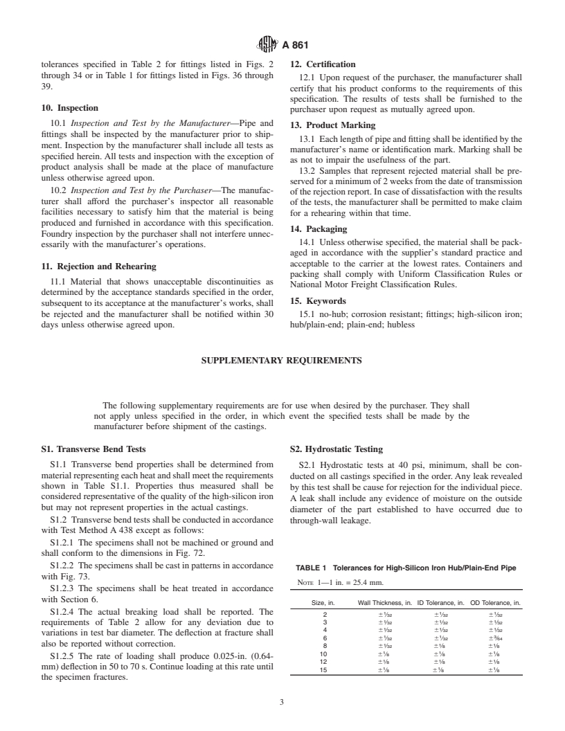 ASTM A861-01a - Standard Specification for High-Silicon Iron Pipe and Fittings