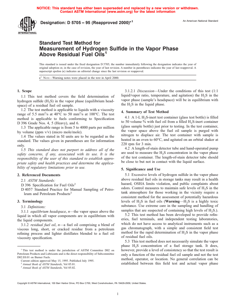 ASTM D5705-95(2000)e1 - Standard Test Method for Measurement of Hydrogen Sulfide in the Vapor Phase Above Residual Fuel Oils