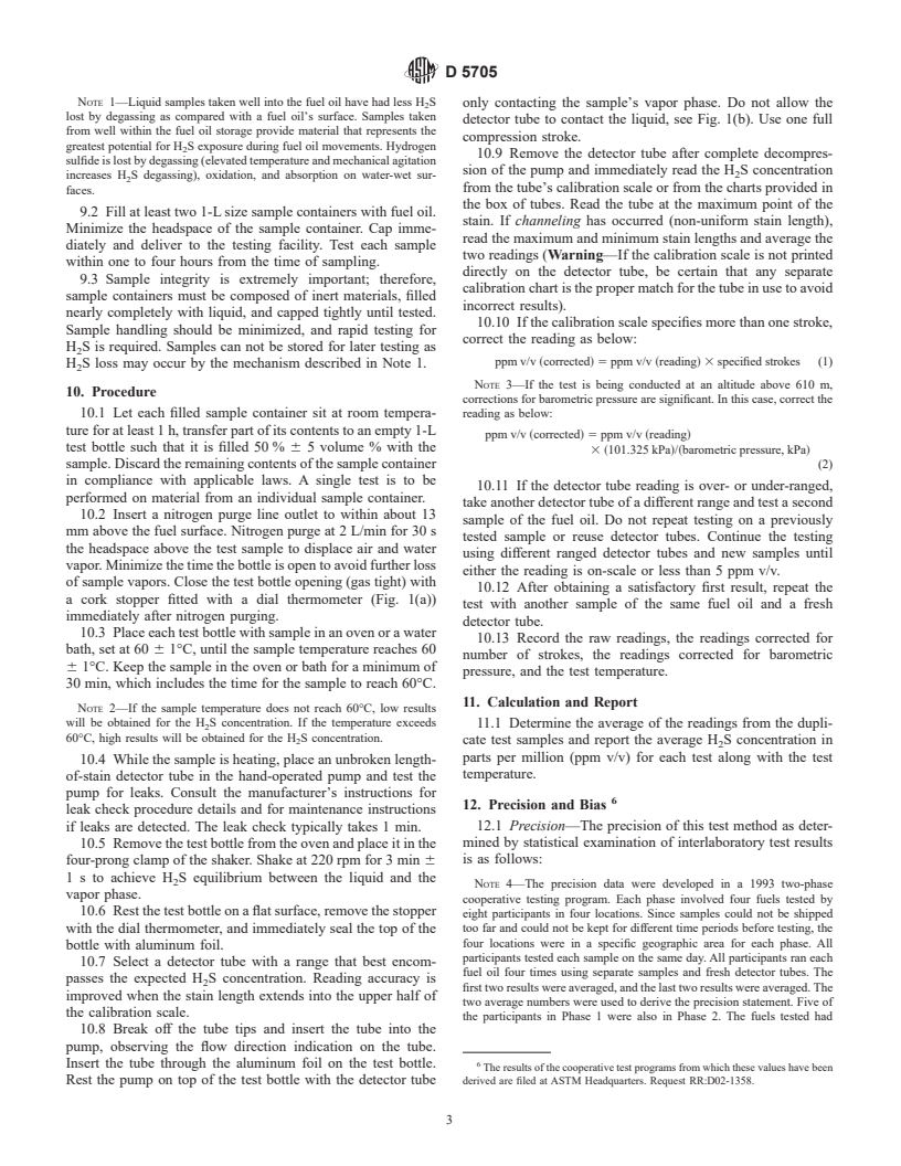 ASTM D5705-95(2000)e1 - Standard Test Method for Measurement of Hydrogen Sulfide in the Vapor Phase Above Residual Fuel Oils