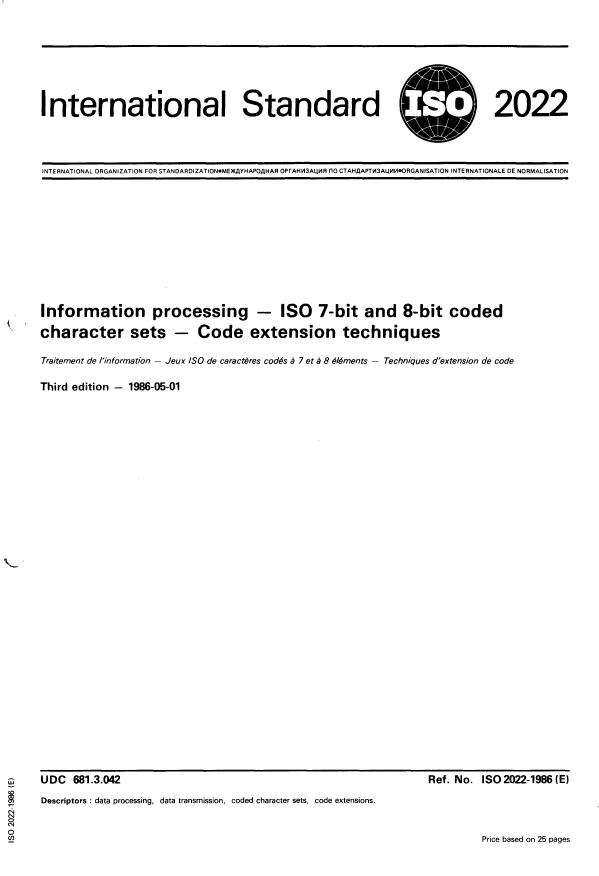 ISO 2022:1986 - Information processing -- ISO 7-bit and 8-bit coded character sets -- Code extension techniques