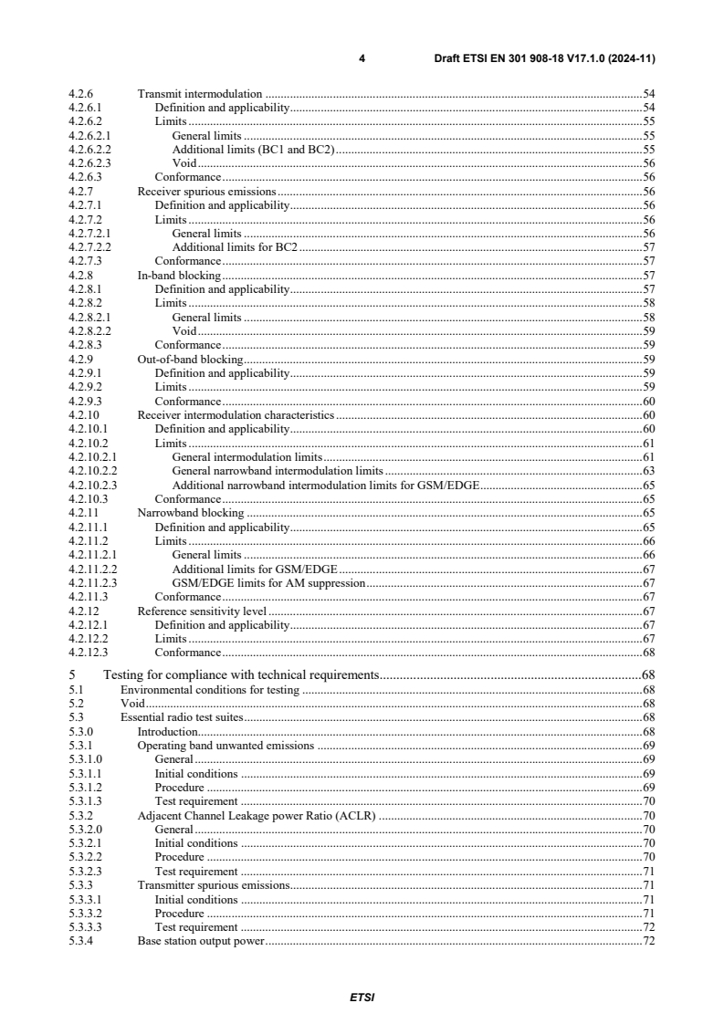 SIST EN 301 908-18 V17.1.1:2025 ETSI EN 301 908-18 V17.1.0 (2024-11) - IMT cellular networks; Harmonised Standard for access to radio spectrum; Part 18: NR, E-UTRA, UTRA and GSM/EDGE Multi-Standard Radio (MSR) Base Station (BS) Release 17 - Page 4 preview